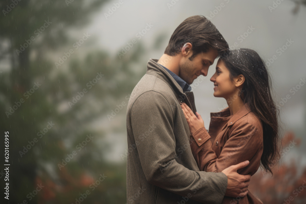 Pair of young people looking at each other in the rain - love story Pair of young people looking at each other in the rain - love story