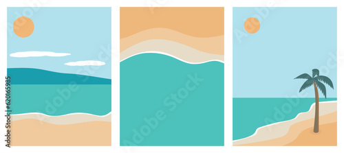 Set of abstract banners summer beach, palm trees, sea, sun. Vector illustration.