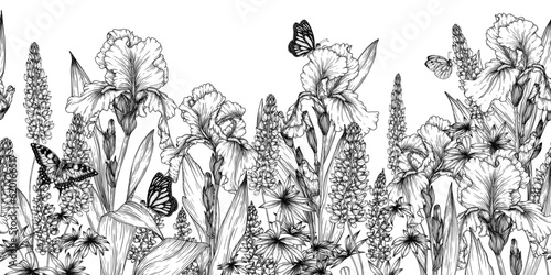 Fotografija Seamless horizontal pattern garden lupine and iris with butterflies in engraving