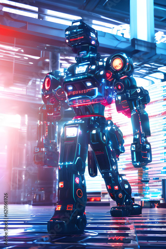 Glowing Future: Striking Image of a walking Robot with Neon Lighting On Abstract Digital Cyberpunk Electronic Circuitry Background Generated Ai