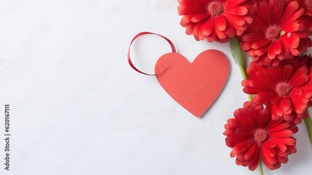 Card with red flowers on the background of a paper heart shaped tear. Valentines day