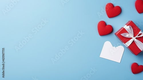 Greeting card and gift box with red heart on blue background, copy space for text