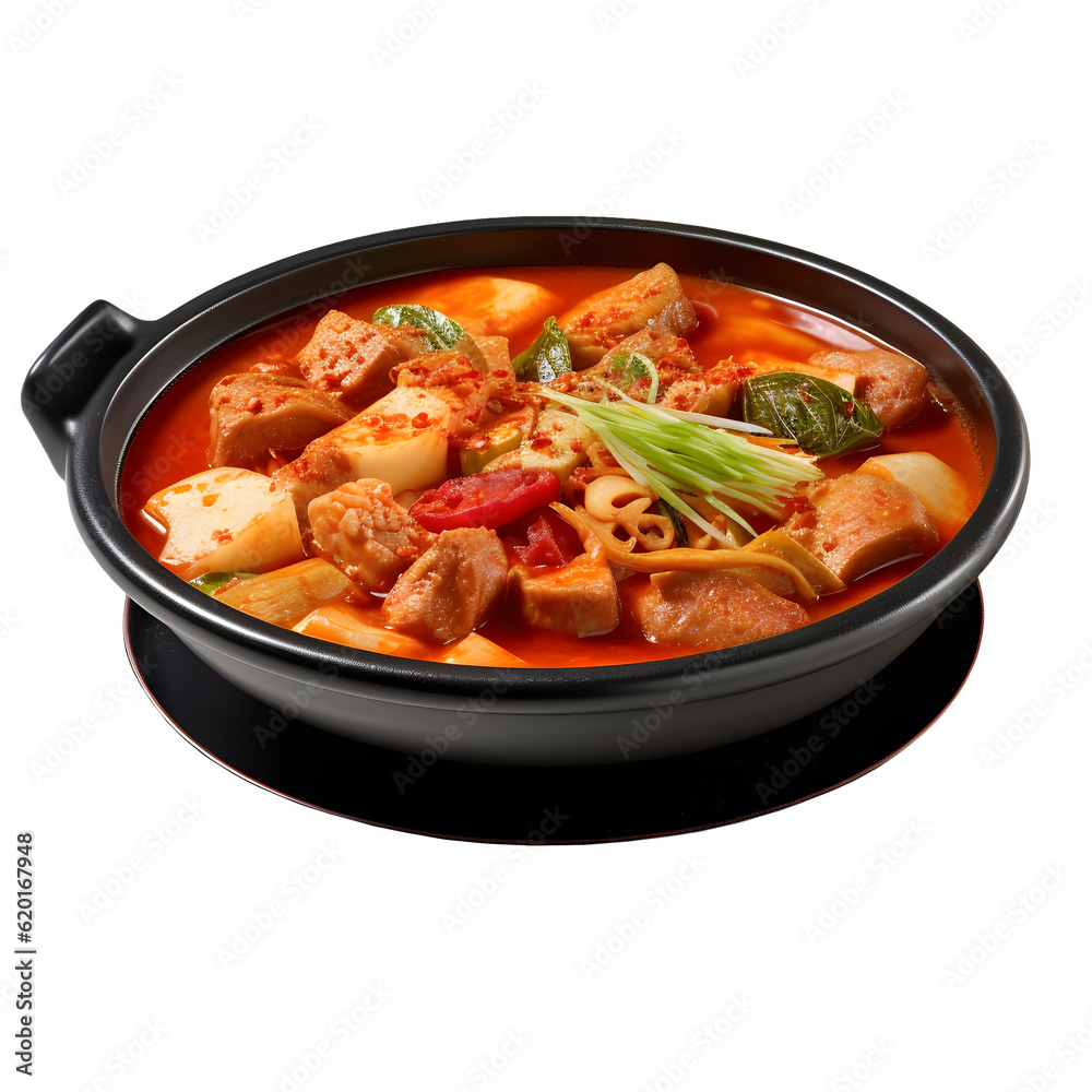 Budae jjigae from korea, served hot and delicious with transparent background, png food