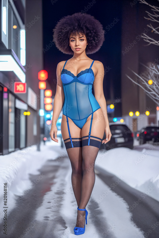 Φωτογραφία Lovely black female fashion model posing in blue lingerie on the street in the city
