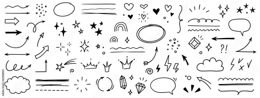 Sketch line arrow element, star, heart shape. Hand drawn doodle sketch style circle, cloud speech bubble grunge element set. Arrow, star, heart brush decoration. Vector illustration - obrazy, fototapety, plakaty 