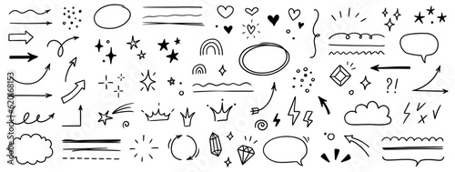 Sketch line arrow element, star, heart shape. Hand drawn doodle sketch style circle, cloud speech bubble grunge element set. Arrow, star, heart brush decoration. Vector illustration photo