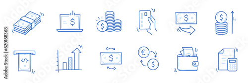 Money cash, coin business doodle icon set. Dollar coin, money profit doodle line sketch business inflation, cash payment. Financial profit, growth icon. Outline editable stroke. Vector illustration