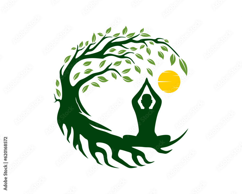 Fototapeta premium Yoga meditation on the green tree illustration