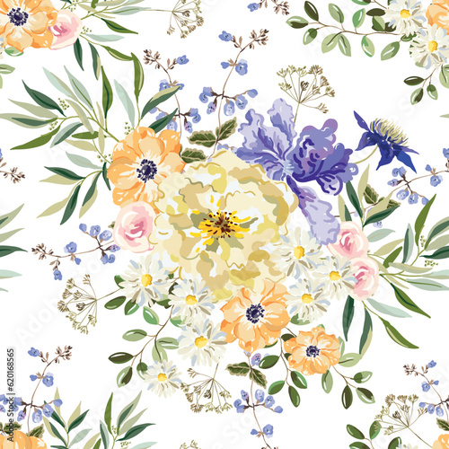 Yellow rose, orange flowers, daisy with green leaves bouquets, white background. Floral illustration. Vector seamless pattern. Botanical design. Nature summer garden plants. Romantic wedding