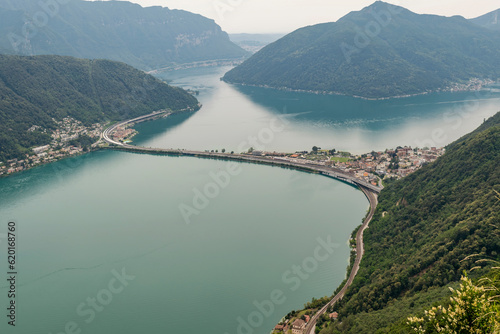 Fototapeta Naklejka Na Ścianę i Meble -  Panoramic aerial view, from the top of San Salvatore mountain, on Lake Lugano and surroundings, Switzerland