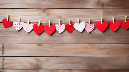 Valentines day card, pegged on to string against wood plank background photo