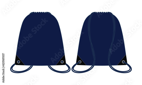 Blank Navy Blue Drawstring Bag Template On White Background.Front and Back View, Vector File