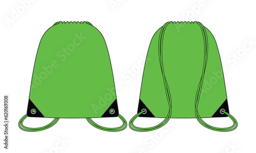 Blank Green Drawstring Bag Template On White Background.Front and Back View, Vector File