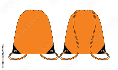 Blank Orange Drawstring Bag Template on White Background. Front and Back View, Vector File