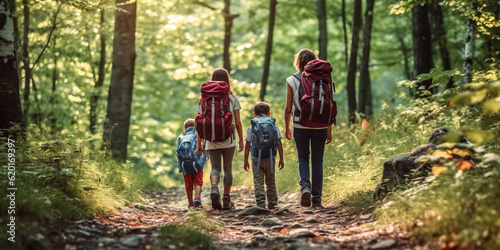 A mother and her children smile happily while wearing backpacks.