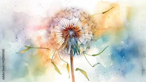 Watercolor dandelion flower illustration on white background  © Aura