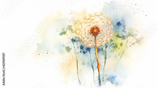 Fototapeta Naklejka Na Ścianę i Meble -  Watercolor dandelion flower illustration AI Generative. 