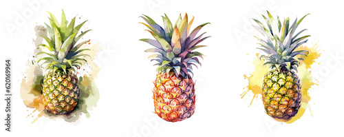 Pineapple, watercolor painting style illustration. Vector set.