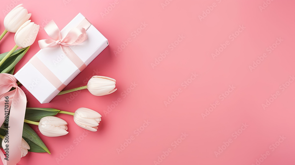 Valentines day mothers day background. Spring white tulip flower, gift box with red ribbon on flat lay pink background. Top view wedding love minimal concept