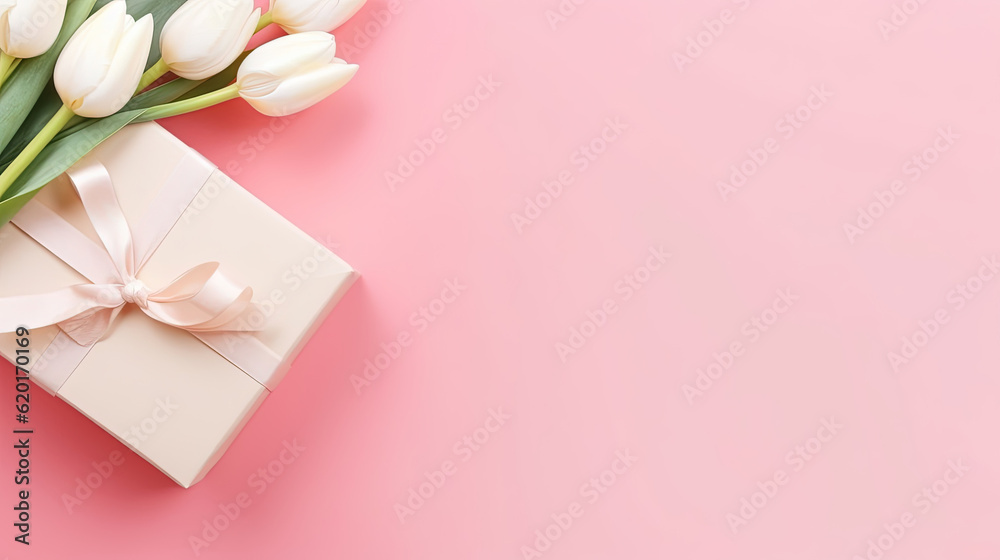 Valentines day mothers day background. Spring white tulip flower, gift box with red ribbon on flat lay pink background. Top view wedding love minimal concept Valentines day mothers day background. Spring white tulip flower, gift box with red ribbon on flat lay pink background. Top view wedding love minimal concept