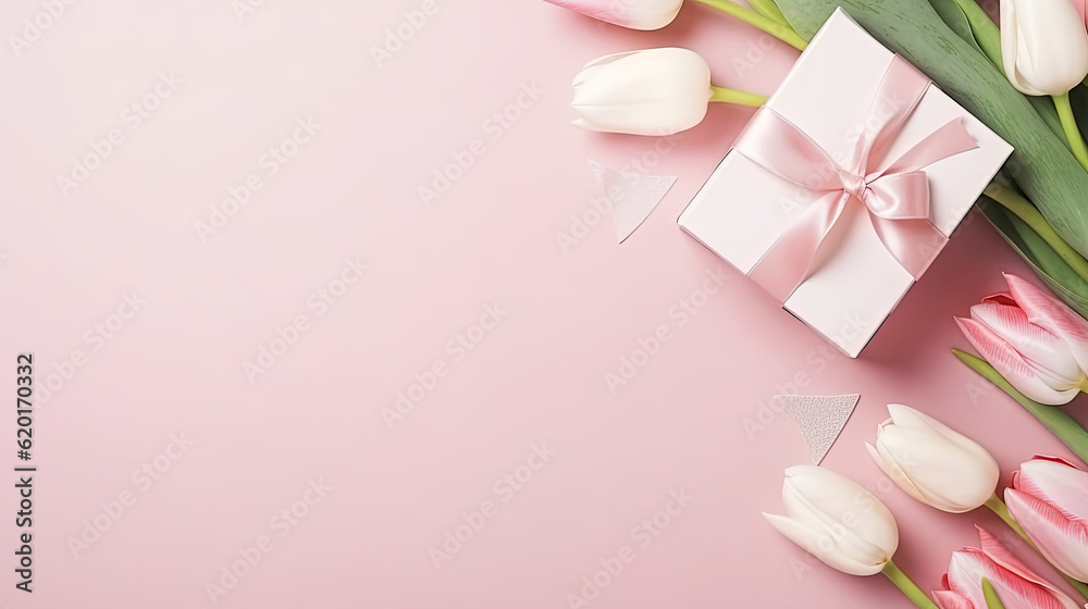 Valentines day mothers day background. Spring white tulip flower, gift box with red ribbon on flat lay pink background. Top view wedding love minimal concept