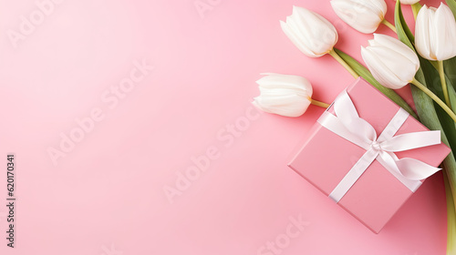 Valentines day mothers day background. Spring white tulip flower, gift box with red ribbon on flat lay pink background. Top view wedding love minimal concept © Absent Satu