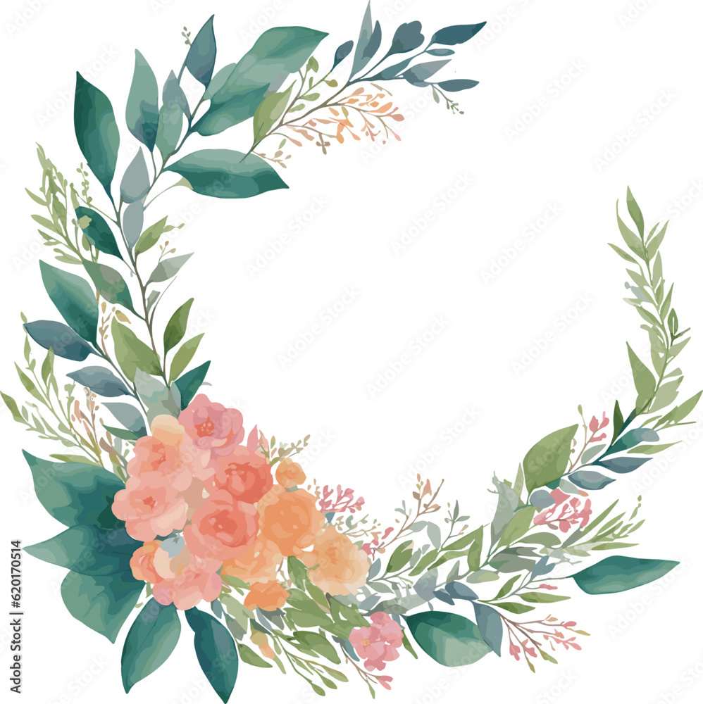 Hand drawn Flowers and Leaves. Frame Design for Wedding Invitations or Greeting Cards.
