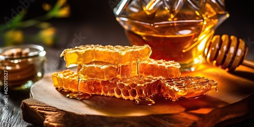AI Generated. AI Generative. Honey honeycomb desert with wooden stick and glass. Healthy sugar desert. Graphic Art