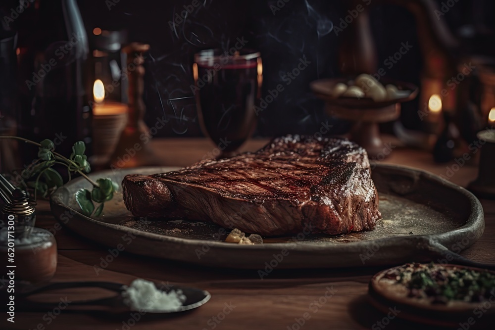 Gourmet Grilled Steak. Closeup on Beef Meat Plated to Perfection with Blur Background
