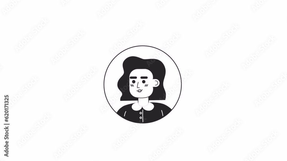 Female white collar worker bw 2D avatar round icon animation. Employee young adult woman outline cartoon 4K video, alpha channel. Animated person facial expression isolated on white background Female white collar worker bw 2D avatar round icon animation. Employee young adult woman outline cartoon 4K video, alpha channel. Animated person facial expression isolated on white background