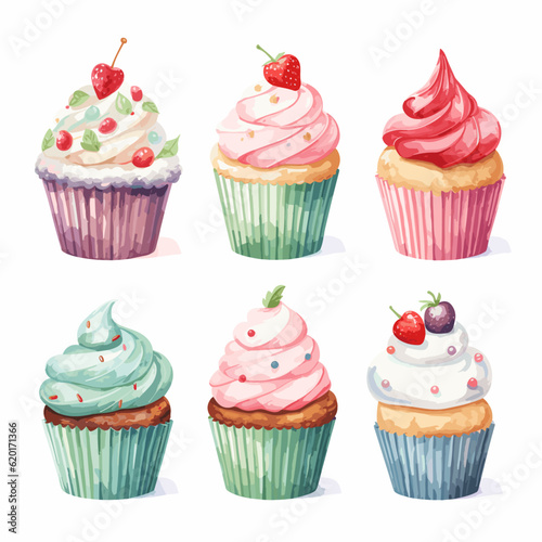 Colorful  Watercolor Holiday cupcakes set vectors 