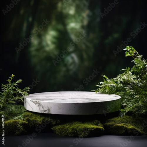 Podium pedestal in tropical forest garden green plant. Nature and Organic cosmetic and food presentation theme. Natural product present placement display in black natural theme. Generative AI
