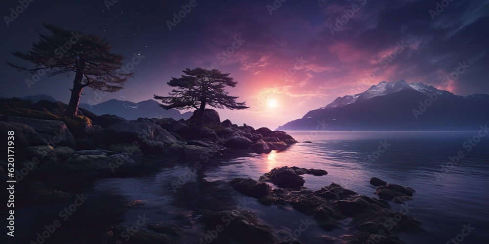 AI Generated. AI Generative. Outdoor nature landscape adventure vacation evening nigh lake with moutaine background. Graphic Art