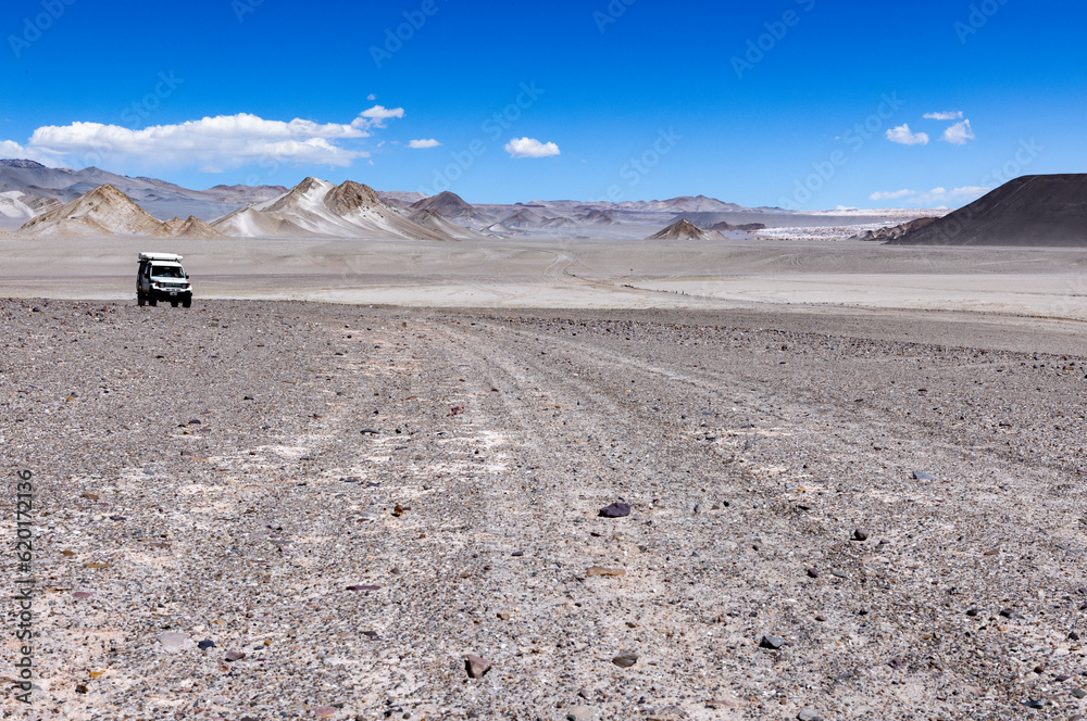 Puna - off road adventure on the way to the Campo de Piedra Pómez, a bizarre but beautiful landscape with a field of pumice, volcanic rocks and dunes of sand in the north of Argentina, South America 