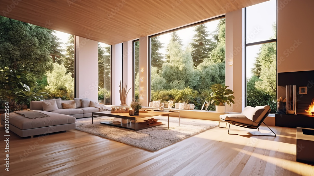 Obraz premium Beautiful living room interior in new luxury home with sunlight. 