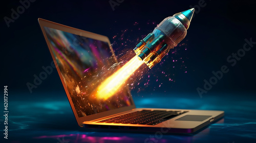 Concept for fast internet using a laptop and a rocket. Generative AI