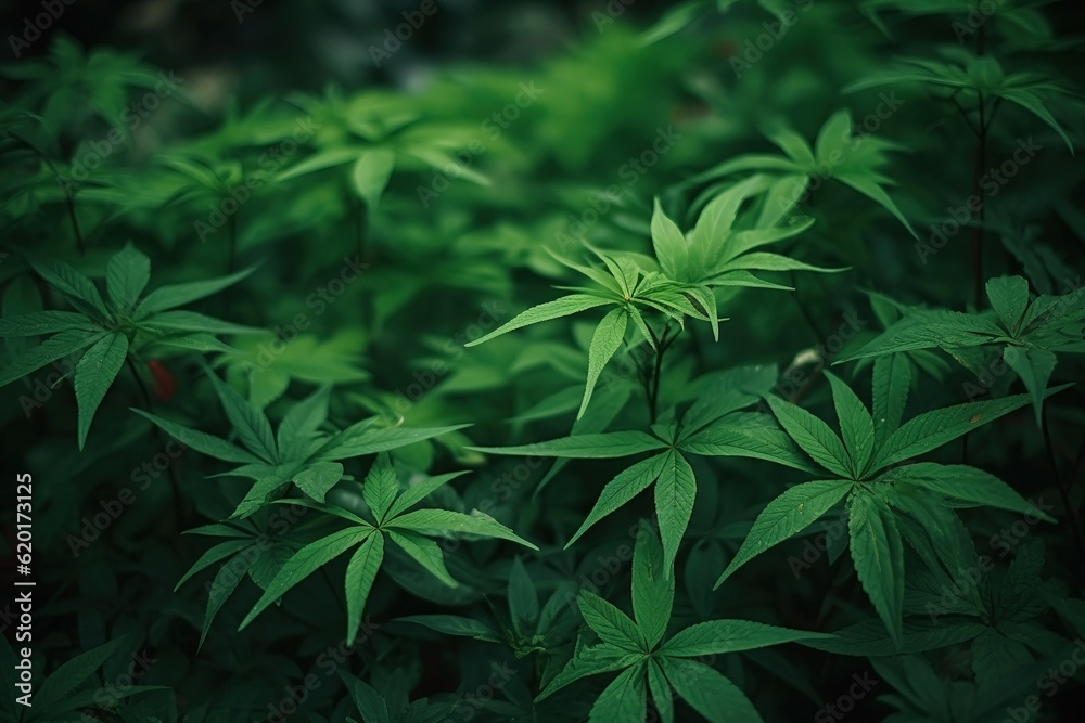 Dark moody green leaves summer background. Ai generated