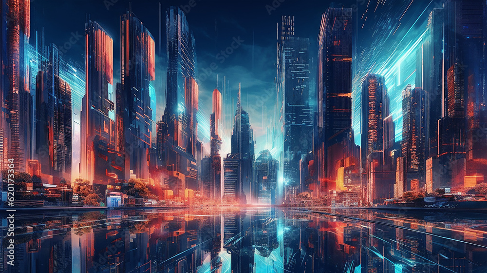 Fototapeta premium Futuristic metropolis with towering skyscrapers. Generative AI