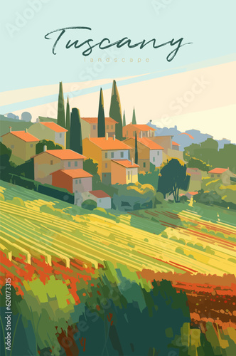 Vineyard farm village landscape flat colors posters. Vector illustration for social, banner or card.