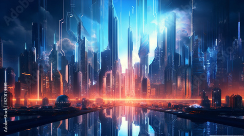 Futuristic metropolis with towering skyscrapers. Generative AI