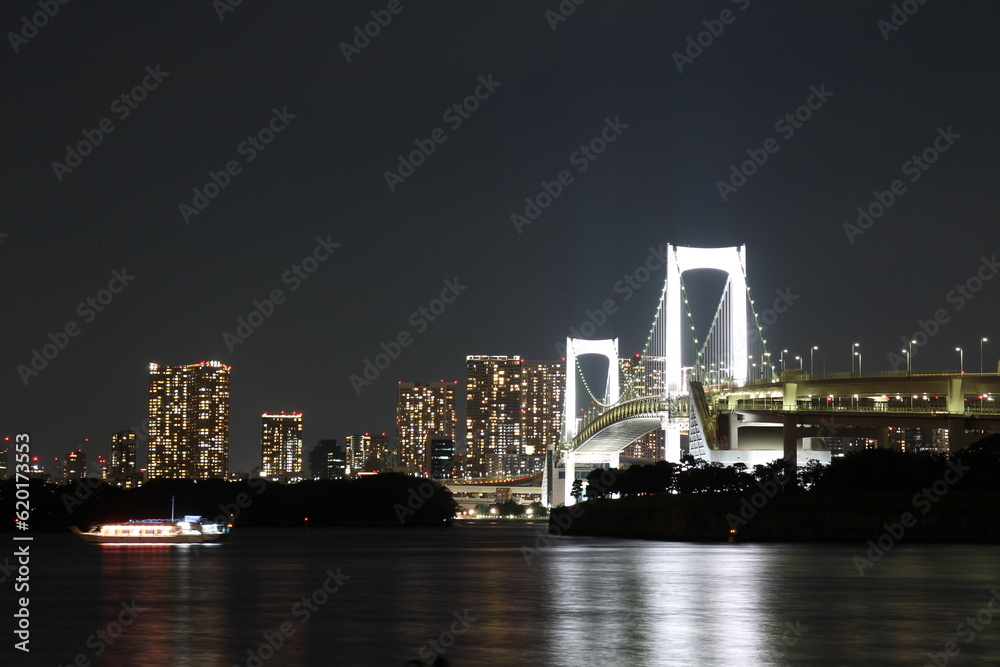 Night view of Odaiba Seaside Park and Rainbow Bridge in Tokyo, Japan