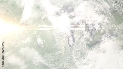 Zoom in from space and focus on Montello, Wisconsin, USA. 3D Animation. Background for travel intro. Elements of this image furnished by NASA