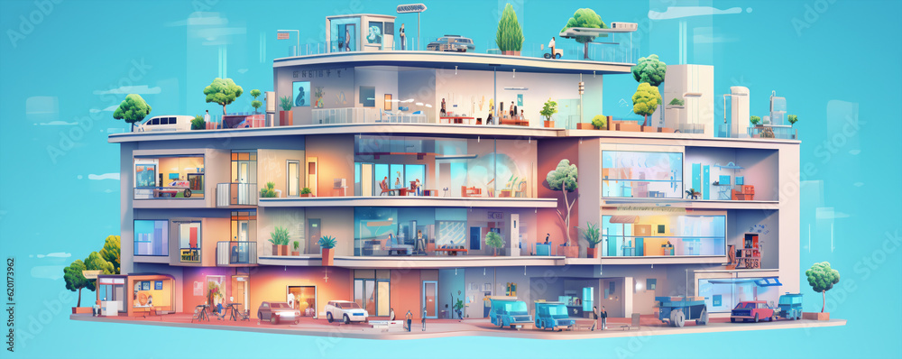 Modern apartment building in cartoon style. 3d illustration of a modern apartment building.
