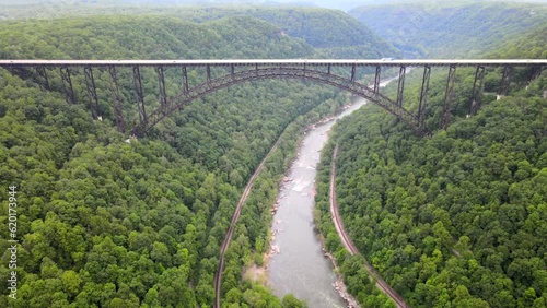bridge over a gorge and river in New River Gorge National Park and Preserve in West Virginia. Taken from a bird's eye view. photo