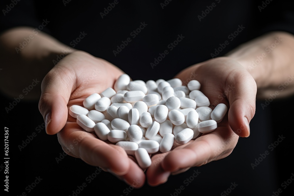 Two hands holding many pills on palm, generative ai Two hands holding many pills on palm, generative ai