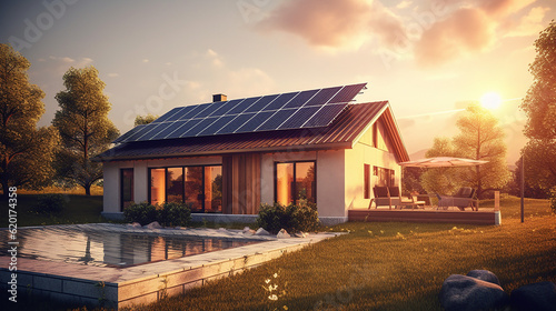 Photovoltaic or solar panels on a detached home with sunset. 