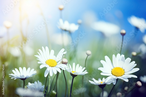 Flower meadow with daisies in sunlight close-up summer background. Ai generated