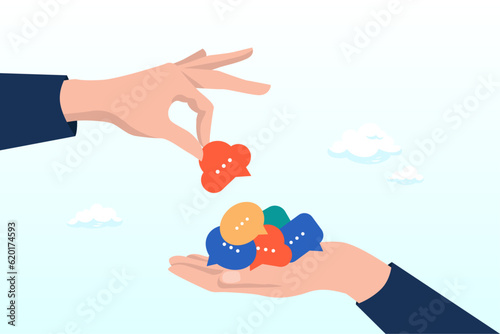 Businessman hand giving speech bubble feedback, opinion to manager, collect feedback, employee survey or customer advice, meeting idea or opinion for improvement, communication or discussion (Vector)