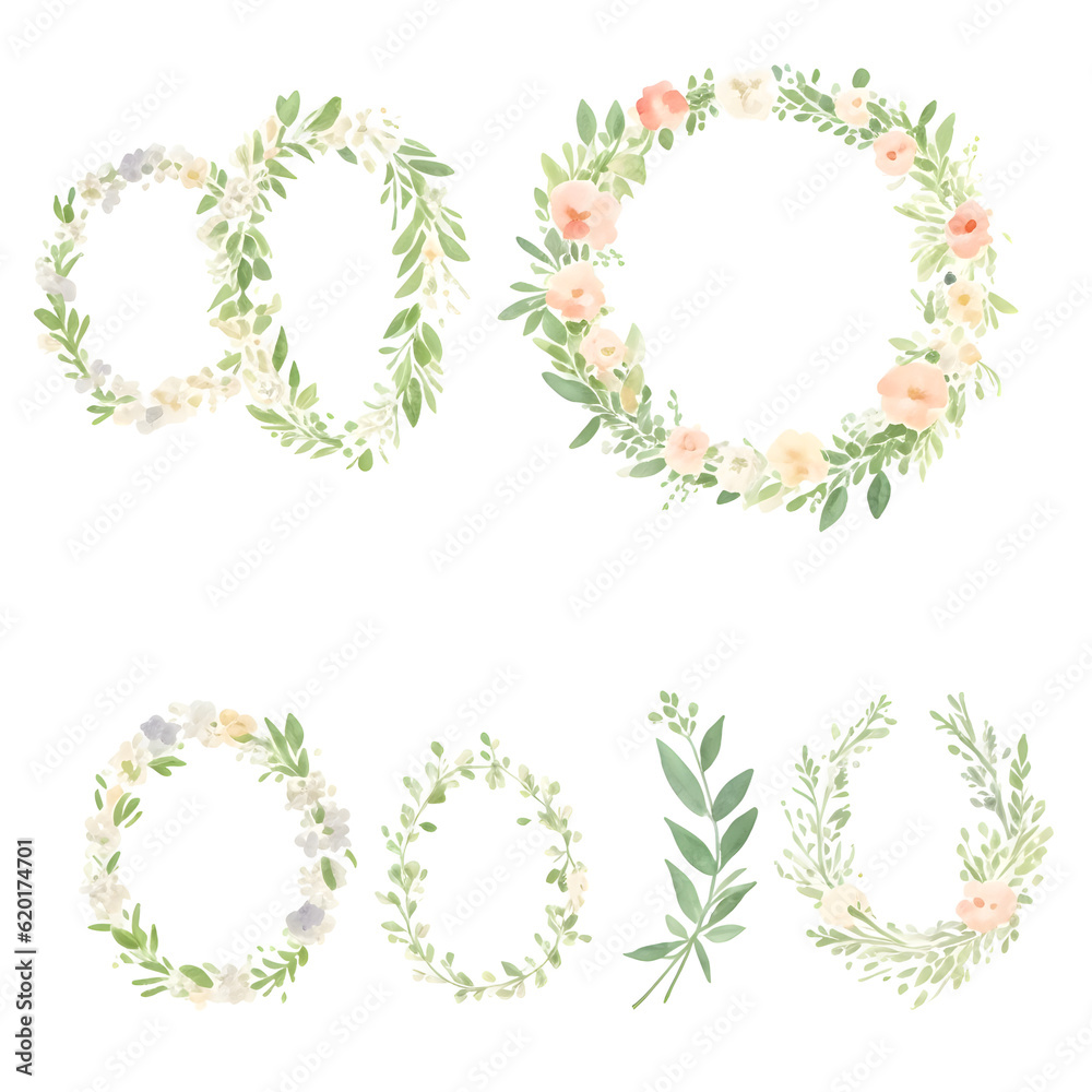 Set of watercolor flowers garland on transparent background,generative ai