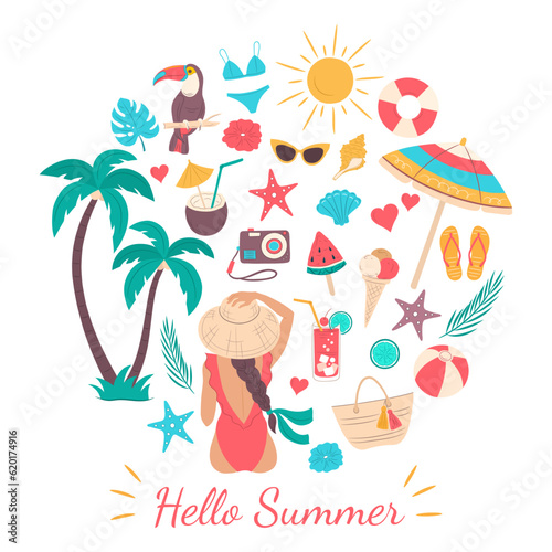 Set of summer beach flat illustrations. A beautiful girl on the beach, palm trees, tropical cocktails, and other summer beach design elements, isolated on a white background. Hello Summer icons. 
